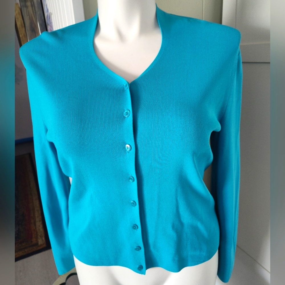 Venini Turquoise Long Sleeve Cardigan Stretchy Gorgeous Sz X Lg Unworn Cond